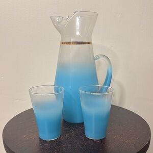 Vintage mid century blendo blue pitcher & 2 juice glasses